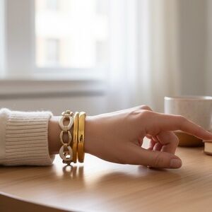 Lot of 3 Bracelets – 2 Gold-Tone Monet Bangles & Off White & Gold-Tone Stretch